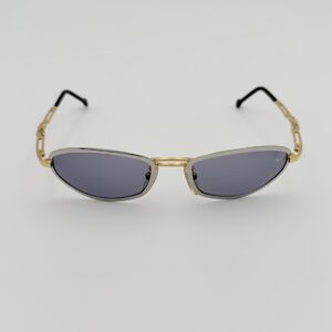 Occhiali da Sole Vintage Bi-Color Oro e Argento – Lenti Ovali Grigio Navy e Aste con Fregio Alato