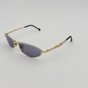 Occhiali da Sole Vintage Bi-Color Oro e Argento – Lenti Ovali Grigio Navy e Aste con Fregio Alato